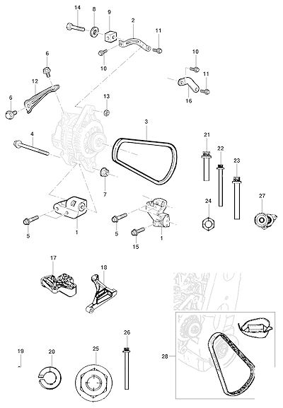 Imagem de Fixação e suporte do gerador com correia e fiação (2001–2010)