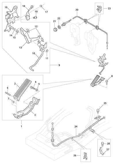 Imagem de Pedal e cabo do acelerador com componentes de fixação e retorno
