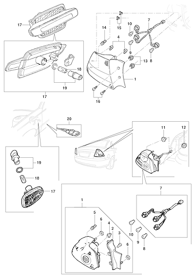 Imagem de Lanternas traseiras e laterais com molduras, lâmpadas e chicotes elétricos