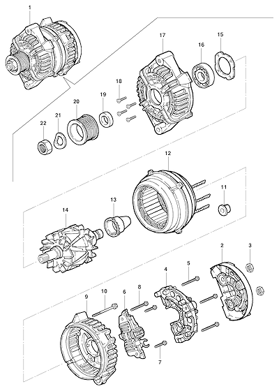 Imagem de Alternador 120A Bosch e componentes de fixação e rolamento