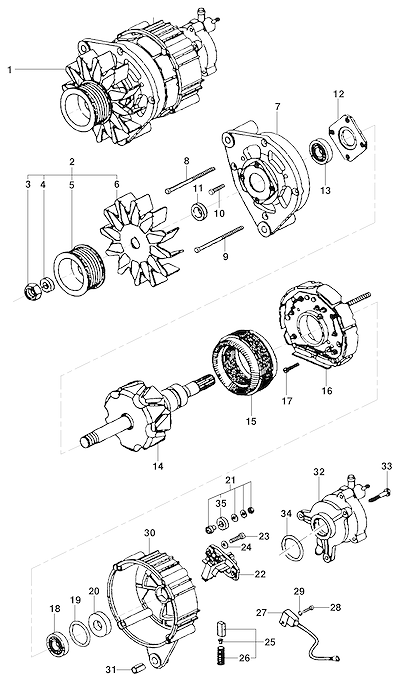 Imagem de Componentes do alternador para motor LK6, incluindo regulador e rolamentos