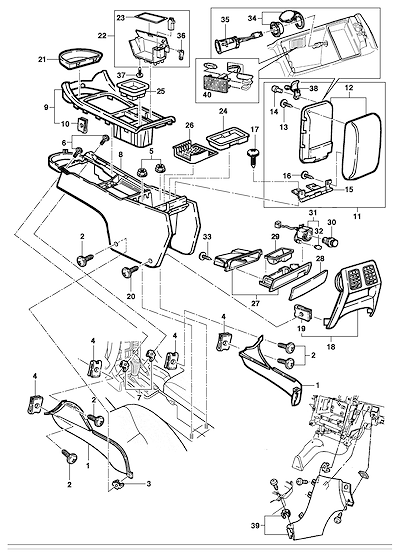 Imagem de Console e acessórios internos (2003–2006) com acabamento e componentes diversos