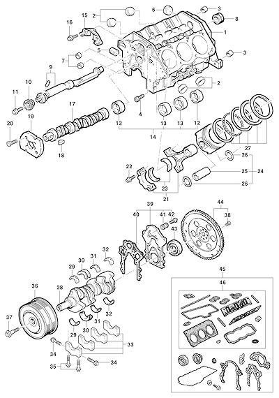Imagem de Bloco, êmbolos e árvore de manivelas (1999–2004) para motor 3.8 V6 SFI