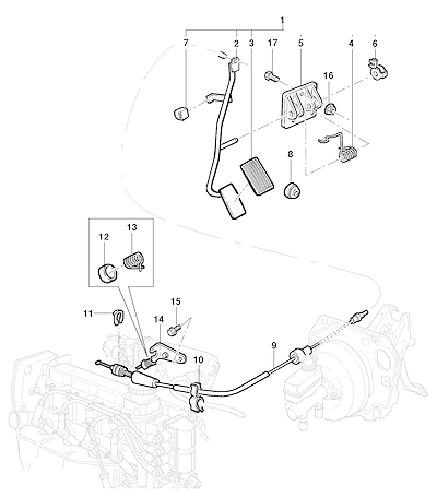 Imagem de Pedal e controle acelerador com cabos, alavancas, molas e suportes mecânicos