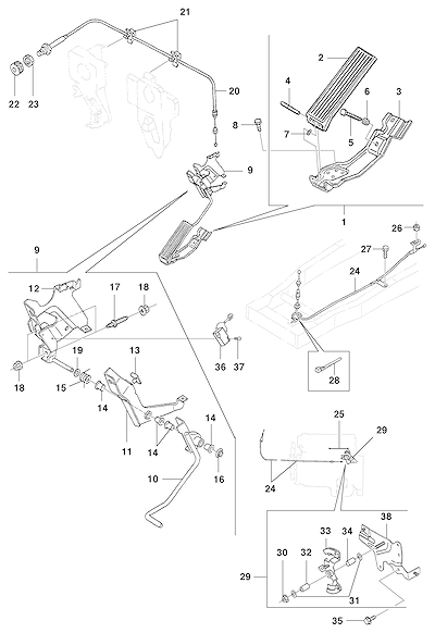 Imagem de Pedal e cabo do acelerador com componentes de fixação e retorno