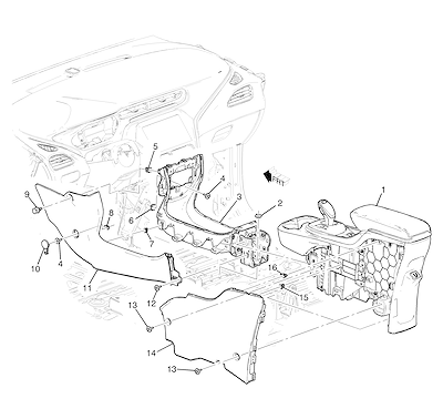 Imagem de Console e assoalho dianteiro e traseiro (2017–2021) com fixação e acabamento