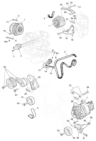 Imagem de Alternador e fixação com suportes, tensores e correia do motor