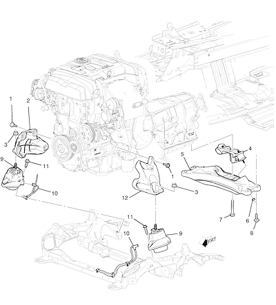 Imagem de Montagem do motor 2.0X LTG e transmissão com suportes e fixações básicas