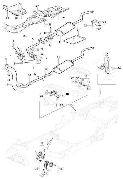 Imagem de Escapamento e suportes do motor diesel com protetores de calor e coxins