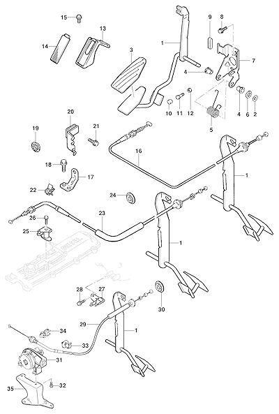 Imagem de Pedal e cabo do acelerador com componentes de fixação e retorno