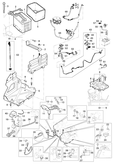 Imagem de Bateria 12V, cabos, terminais e suportes do sistema elétrico do motor