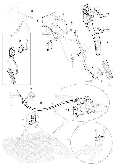 Imagem de Pedal e cabo do acelerador com componentes de fixação e retorno