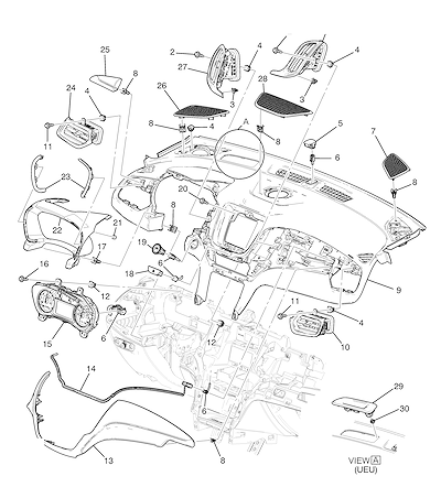 Imagem de Painel de instrumentos superior (2018–2022) com sensores, saídas de ar e acabamento
