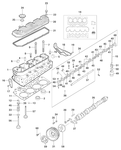 Imagem de Cabeçote e componentes do motor LK6, incluindo válvulas, juntas e balancins