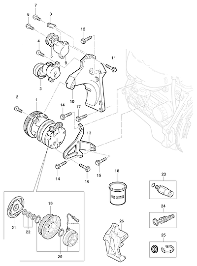 Imagem de Ar-condicionado montagem compressor (2001–2010) com suportes e polias