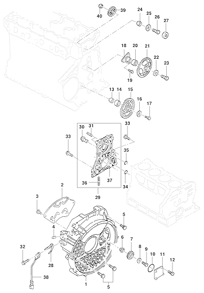 Imagem de Carcaça do volante, distribuição e componentes da correia do motor