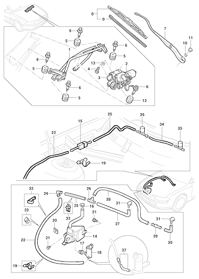 Imagem de Limpador e lavador do para-brisa (1999–2006) com motor, bomba e mangueiras completas