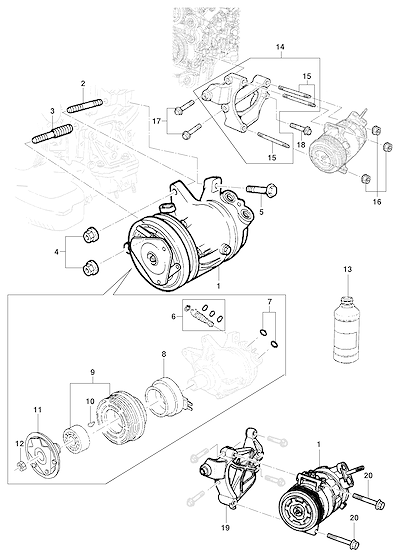 Imagem de Compressor do ar-condicionado e componentes de fixação e vedação