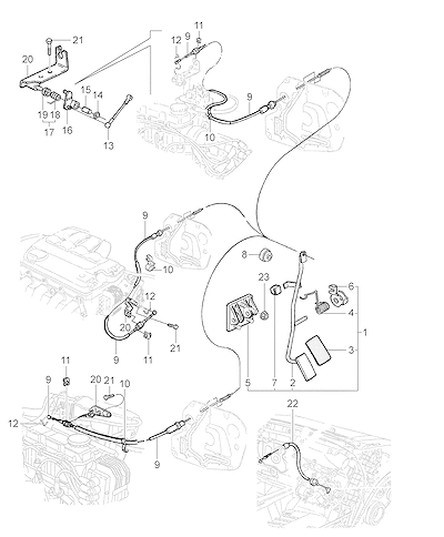 Imagem de Pedal acelerador e controle (1994–2010) com cabos, alavancas e suportes