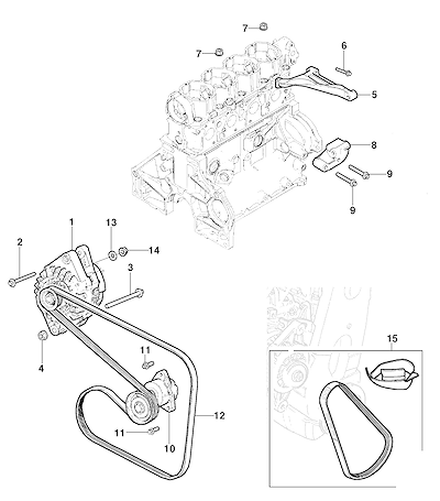 Imagem de Fixação e suporte do alternador (2011–2014) com correias e fiação elétrica