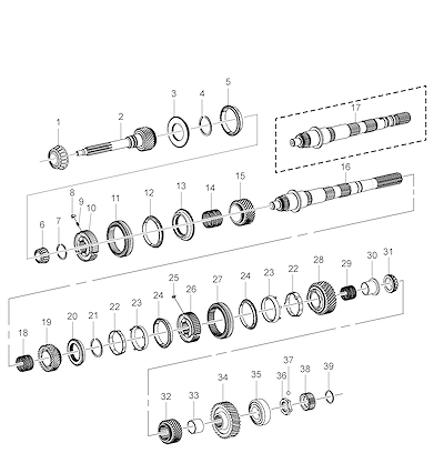 Imagem de Transmissão manual 5 marchas (MYG, MYN) com peças de sincronização e eixo principal
